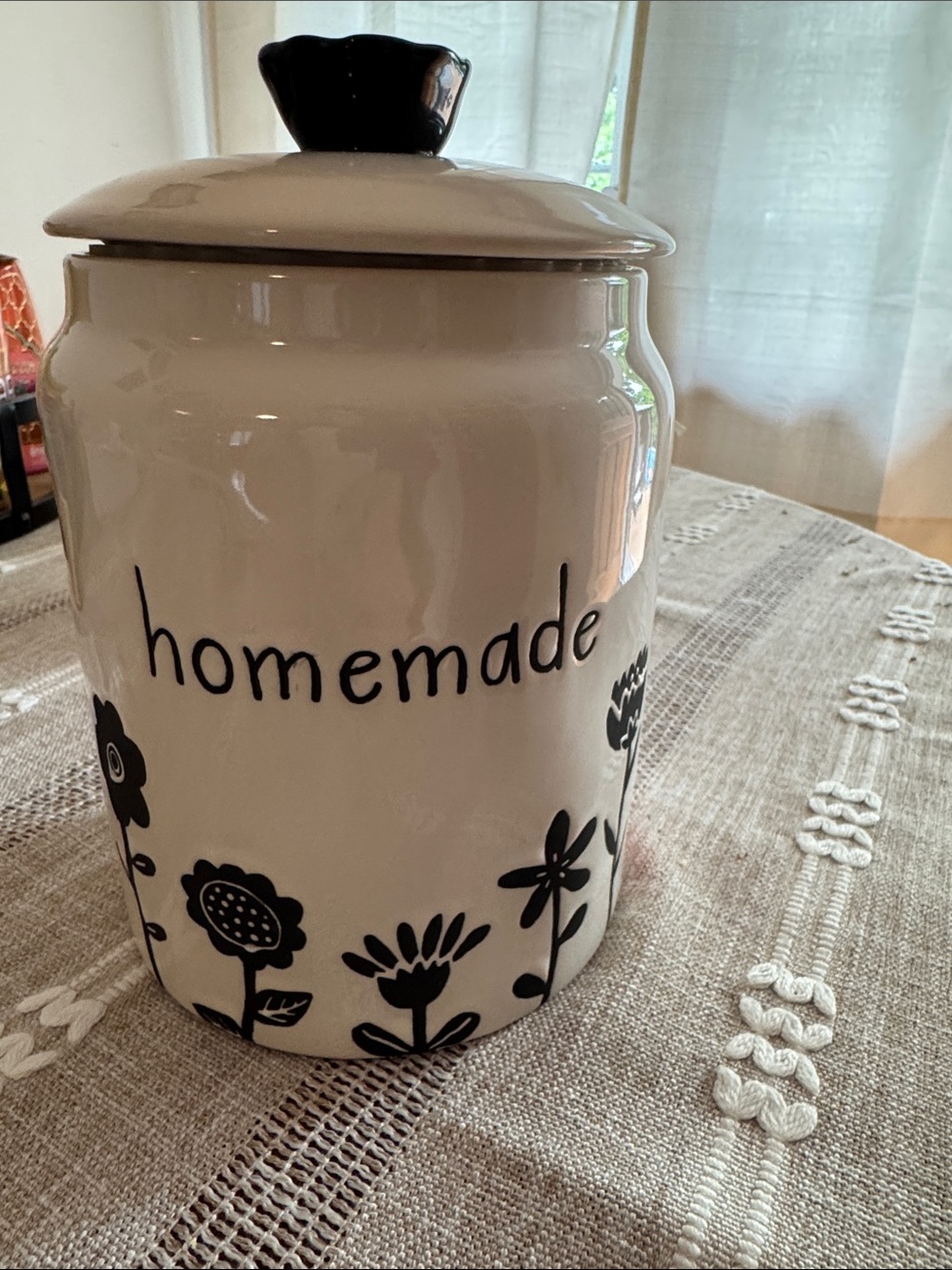 Rae Dunn Cream Ceramic 'homemade' Canister with Black Floral Lid Knob